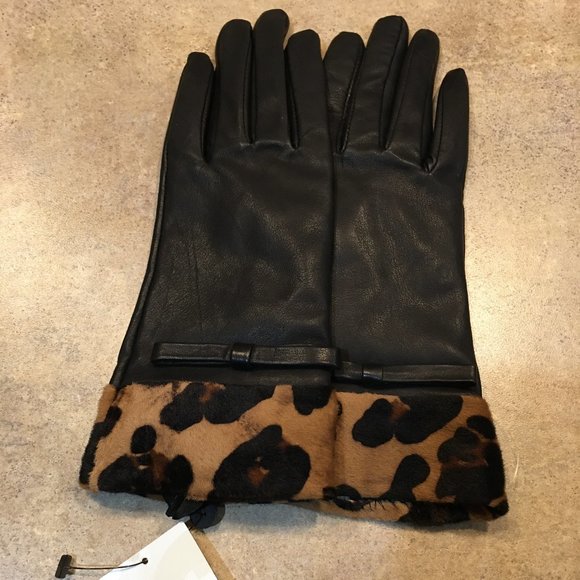 NEW w/tags Women's ETIENNE AIGNER Black Leather Gloves with Leopard Cuff - Picture 2 of 3